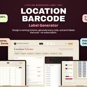 May include: A digital software interface for an offline warehouse location barcode label generator. The screen displays a location scheme setup, a list of generated locations, and a preview of printable barcode labels for bins, shelves, and racks.