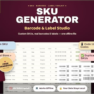 Puede incluir: Un kit de herramientas generador de SKU digital con fondo granate oscuro y texto blanco. La interfaz muestra una hoja de cálculo para SKU, códigos de barras y etiquetas personalizados. Incluye un manual, funcionalidad sin conexión y códigos QR.