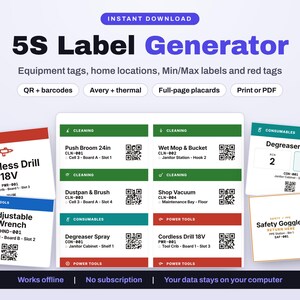 5S-Etikettengenerator | Etikettenhersteller für Werkzeuge und Ausrüstung | Schattenbrett-, Min-Max-, Red-Tag-, QR- und Barcode-Etiketten | Offline