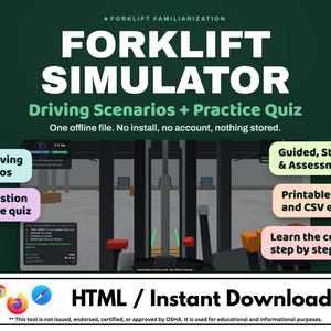 Pode incluir: Uma ferramenta de formação digital de simulador de empilhador com cenários de condução e um questionário. A interface inclui etiquetas para cinco cenários de condução, um questionário de 20 perguntas e registos imprimíveis.