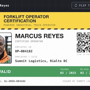 Generador de tarjetas de certificación para montacargas / Generador de tarjetas de identificación de operador / Alineado con OSHA 1910.178(l), QR, foto, estado automático / Herramienta HTML sin conexión
