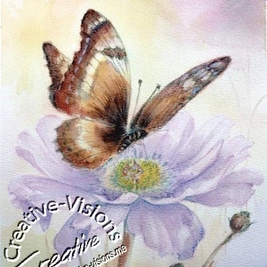 Hand-painted watercolor of a butterfly on a flower with soft tones