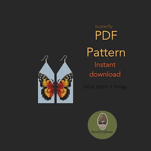 May include: A pair of beaded butterfly earrings with a light blue background. The butterfly wings are orange, yellow, and black. The text on the image says "butterfly PDF Pattern Instant download brick stitch + fringe".