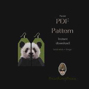 May include: A PDF pattern for beaded panda earrings. The earrings feature a panda face design in black, white, and pink beads, framed by green beads. The image text says "Panda! PDF Pattern Instant download brick stitch + fringe".