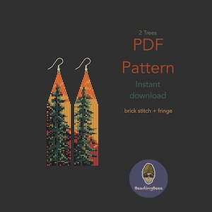 Pode incluir: Brincos de contas com um design de cena de floresta. Os brincos apresentam um design de árvore em tons de verde, laranja e amarelo. O texto na imagem diz "2 Trees PDF Pattern Instant download brick stitch + fringe".