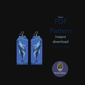 May include: Blue beaded earrings with a whale design. The earrings are rectangular with a silver hook. The image also includes the text "Whale PDF Pattern Instant download" and a logo for BeadingBeeee.
