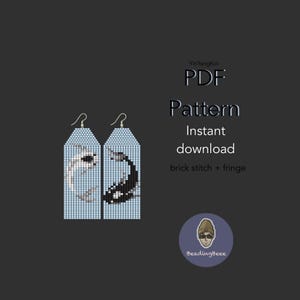 May include: Two beaded earrings with a koi fish design, one white and gray, the other black and gray, against a light blue background. The earrings are rectangular with a fringe at the bottom. The image also includes the text "PDF Pattern Instant download brick stitch + fringe."