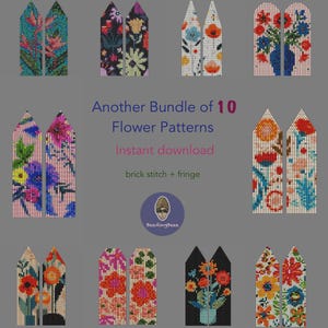 May include: A collection of ten colorful flower patterns, each in a unique design. The patterns are displayed in pairs, showcasing various floral arrangements and color palettes. Text includes "Another Bundle of 10 Flower Patterns" and "Instant download".