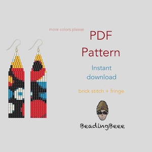 Puede incluir: Un par de pendientes de cuentas con un diseño de punto de ladrillo y flecos. Los pendientes presentan un patrón colorido con cuentas rojas, negras, azules, amarillas y blancas. El texto "PDF Pattern" y "Instant download" también es visible.