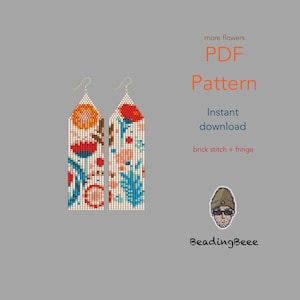 Op de afbeelding: Twee kralen oorbellen met bloempatronen in rood, oranje en blauw. De oorbellen zijn rechthoekig met een franje aan de onderkant. De afbeelding bevat de tekst "more flowers PDF Pattern Instant download brick stitch + fringe".