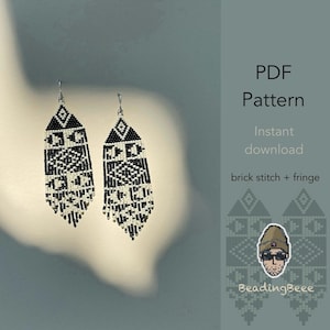 Brick Stitch Earring Pattern – Minimalist Tribal Fringe Beadwork PDF Download ,native-inspired black and white beaded fringe earring pattern