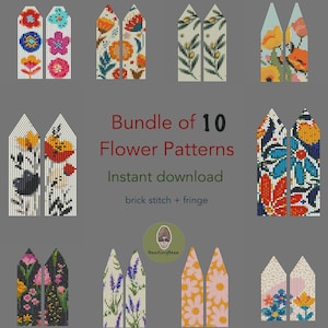 Op de afbeelding: Een bundel van tien bloempatronen van kralen, met diverse bloemen- en botanische ontwerpen. De patronen worden weergegeven tegen een grijze achtergrond en zijn direct te downloaden. De tekst luidt "Bundle of 10 Flower Patterns" en "brick stitch + fringe."
