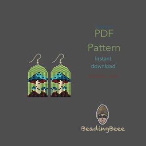 May include: Two beaded mushroom earrings with a green backdrop. The earrings display a mushroom design with blue, red, and white details. The image also includes the text "PDF Pattern" and "Instant download".