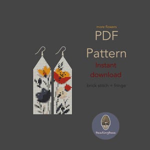 May include: Two beaded earrings with floral designs. One earring features orange and yellow flowers, the other red and orange. The earrings are white with black accents and silver hooks. The image also includes the text "PDF Pattern Instant download brick stitch + fringe".