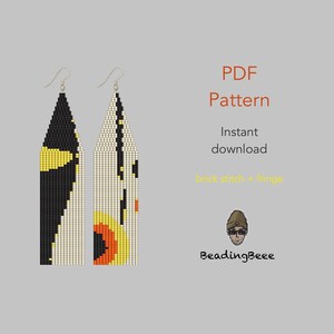 May include: Two beaded earrings with a geometric design in black, yellow, and cream colors. The earrings are triangular and have a fringe at the bottom. The image also includes the text "PDF Pattern" and "Instant download".