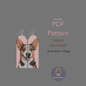 May include: Pink beaded earrings featuring a corgi dog design. The earrings are made with brick stitch and fringe. The image includes the text "It's Corgi! PDF Pattern Instant download".