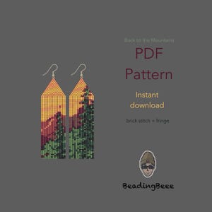 May include: Two beaded earrings with a mountain landscape design. The earrings feature a sunset sky in shades of yellow and orange, with a mountain range in red and green. The text "Back to the Mountains" and "PDF Pattern" are also visible.