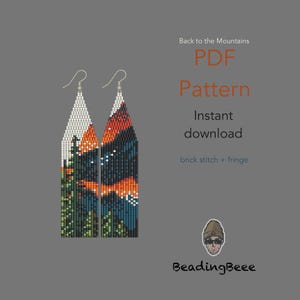 May include: Beaded earrings with a mountain landscape design. The earrings feature a white top, orange sunset, dark blue night sky, and green trees. The earrings are a PDF pattern for instant download, with the text "Back to the Mountains".