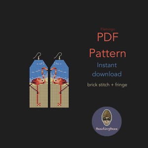 May include: A PDF pattern for beaded flamingo earrings. The earrings are rectangular with a blue sky and a flamingo design. The text on the image says "Flamingo PDF Pattern Instant download brick stitch + fringe".
