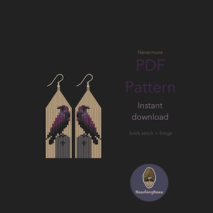 May include: Beaded earrings with a raven design. The earrings are beige with a black and purple raven on a grey tombstone. The text "Nevermore PDF Pattern Instant download brick stitch + fringe" is also visible.