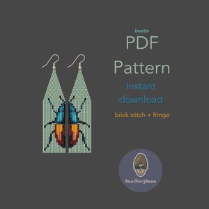 May include: A PDF pattern for beaded beetle earrings. The earrings are a light green color with a blue, orange, and red beetle design. The text on the image says "beetle PDF Pattern Instant download brick stitch + fringe."