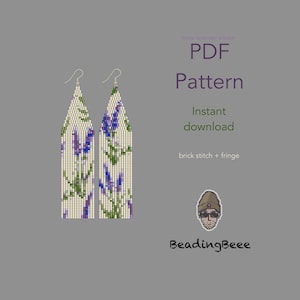 May include: A PDF pattern for beaded earrings with a lavender floral design. The earrings are white with purple and green accents. The text on the image says "PDF Pattern", "Instant download", and "brick stitch + fringe". The image also includes a logo for "BeadingBeeee".