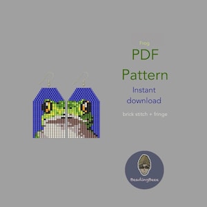 May include: Frog PDF pattern earrings. The earrings feature a beaded frog design with green, yellow, and white details against a blue background. The text "Frog PDF Pattern Instant download brick stitch + fringe" is also visible.