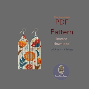 May include: Beaded earrings with a floral design in orange, red, and blue on a cream backdrop. The earrings are rectangular with a triangular top and silver hooks. The image includes text: "PDF Pattern Instant download brick stitch + fringe."