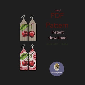 Cherry Fringe Earrings Beading Pattern PDF | Seed Bead Brick Stitch Tutorial | Miyuki Delica | Instant Download