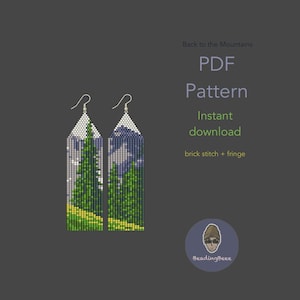 May include: Beaded earrings with a mountain and tree design. The earrings are rectangular with a silver hook and feature a landscape scene in shades of green, blue, white, and yellow. The text "Back to the Mountains" and "PDF Pattern" are also visible.