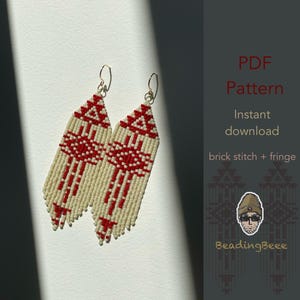 May include: A pair of beaded earrings with a cream-colored base and red geometric patterns. The earrings have a fringe at the bottom and are suspended from gold-colored ear wires. The image also includes text that says "PDF Pattern" and "Instant download".