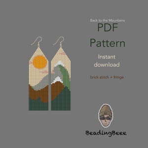 May include: Beaded earrings with a mountain landscape design. The earrings feature a sun, mountains, and fringe. The text on the image says "Back to the Mountains", "PDF Pattern", and "Instant download". The earrings are made using brick stitch.