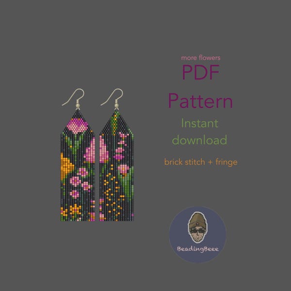 Flowers Fringe Earrings Pattern: Brick Stitch Miyuki Delica Seed Bead Tutorial (PDF)