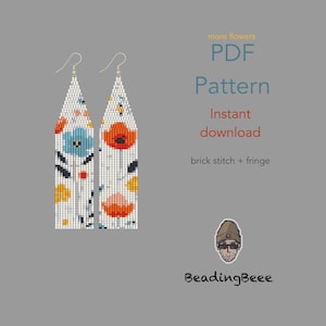 May include: White beaded earrings with a floral design featuring blue and orange flowers. The earrings are a PDF pattern for instant download, with the text "more flowers", "PDF Pattern", "brick stitch + fringe", and "BeadingBeeee".