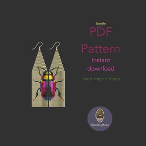 May include: Beaded beetle earrings PDF pattern. The earrings feature a colorful beetle design with pink, yellow, and blue accents. The pattern includes brick stitch and fringe techniques. The text on the image says "beetle PDF Pattern Instant download brick stitch + fringe".