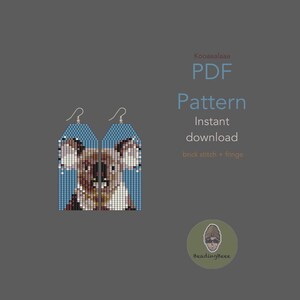 May include: Koala bear beaded earrings with a blue background. The earrings are a PDF pattern for instant download, featuring brick stitch and fringe. The earrings have a silver hook.