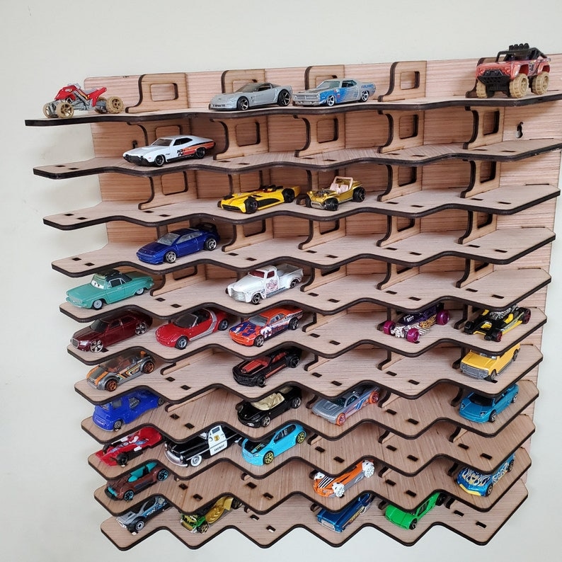 1 toy car display for 1:64 die cast wheels. Cool Diagonal shelf holds 66 die cast cars, HOT Warforged Original Diagonal Display. Made in US image 1