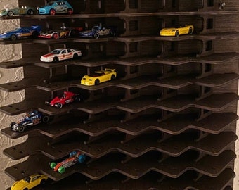 1 dark walnut stained toy car display for 1:64 die cast wheels. Cool Diagonal shelf holds 66 die cast cars, HOT! Original Warforged Design.