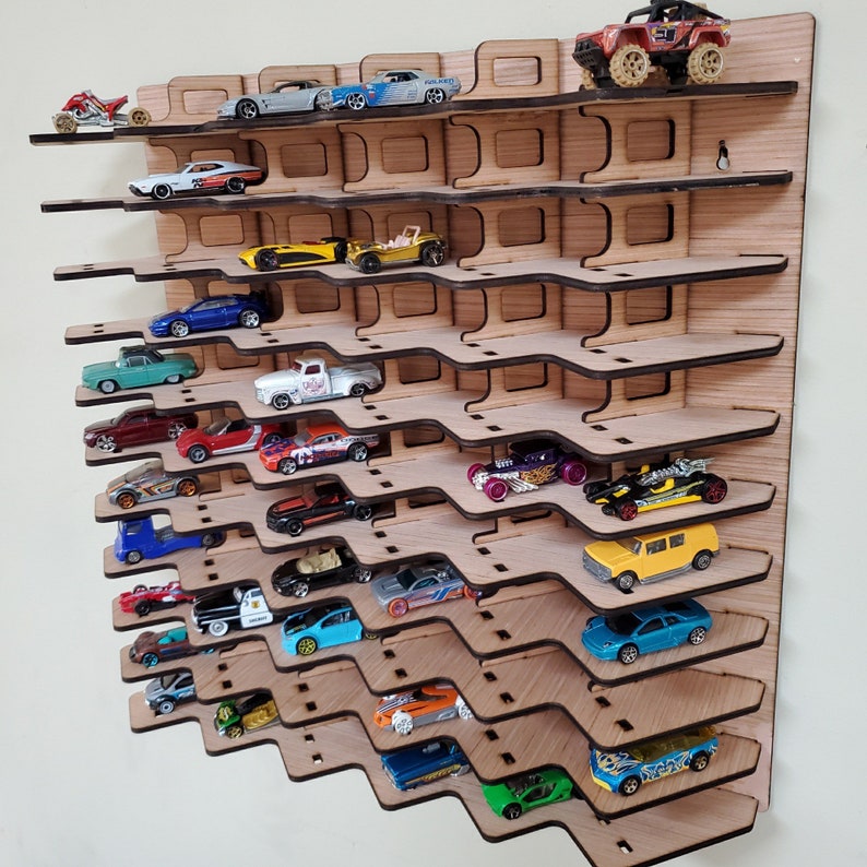 1 toy car display for 1:64 die cast wheels. Cool Diagonal shelf holds 66 die cast cars, HOT Warforged Original Diagonal Display. Made in US image 2