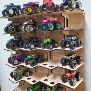 2 Original Monster truck wheels 1:64 die cast diagonal shelves. They each hold 24 die cast toy cars, HOT Made in USA (Double)