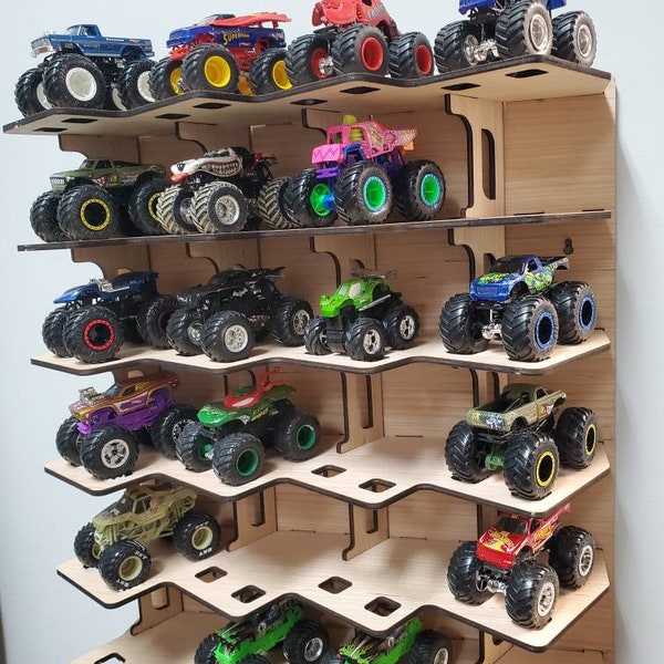 STAINED Original Monster truck wheels 1:64 die cast diagonal shelf holds your 24 die cast toy cars, HOT Made in USA