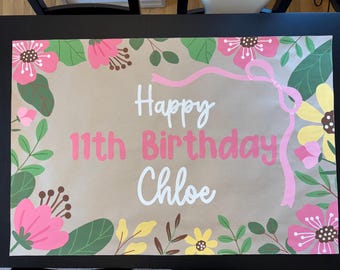 Custom Hand-Painted Floral Birthday Banner, Personalized Party Decor