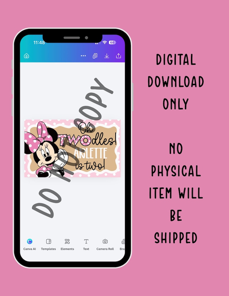 Op de afbeelding: Een smartphone toont een digitaal ontwerp met Minnie Mouse en de tekst "Oh Twodles! Anlette is two!" en "DO NOT COPY". De achtergrond is roze, met de tekst "ALLEEN DIGITALE DOWNLOAD" en "ER WORDT GEEN FYSIEK ARTIKEL VERZONDEN".
