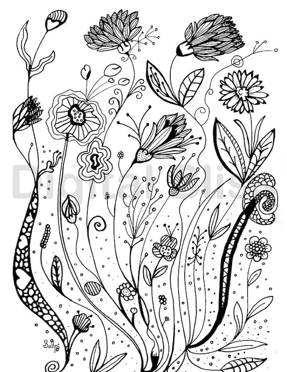 Download Adult Coloring Pages Whimsical Wild Flowers Design Adult | Etsy