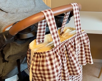 Borsa passeggino in cotone / Contenitore a quadretti marrone cioccolato / Pannolini