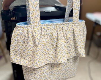 Quilted Ruffle Stroller Bag | Cotton Diaper Bag | Black Gingham Caddy Drawstring