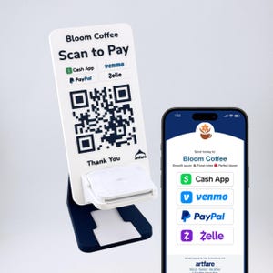 May include: A white payment sign with the text Bloom Coffee and Scan to Pay, featuring a QR code and logos for Cash App, Venmo, PayPal, and Zelle. A white card reader is attached to the sign. A smartphone displays a matching digital payment interface.