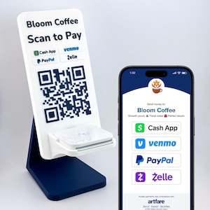 May include: A white and navy blue Bloom Coffee Scan to Pay stand with a QR code and payment options. A smartphone displays the same payment options: Cash App, Venmo, PayPal, and Zelle. The phone screen shows the Bloom Coffee logo.