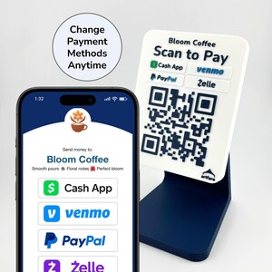 May include: A smartphone screen and a QR code stand for Bloom Coffee. The phone displays payment options: Cash App, Venmo, PayPal, and Zelle. The stand has a QR code for scanning and paying, with the same payment options listed. The text "Change Payment Methods Anytime" is also visible.