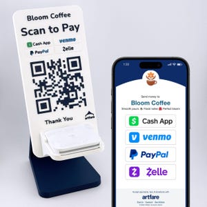 May include: A white Bloom Coffee Scan to Pay stand with a QR code, Cash App, Venmo, PayPal, and Zelle logos. A smartphone displays the same payment options. The stand has a dark blue base and the text "Thank You".